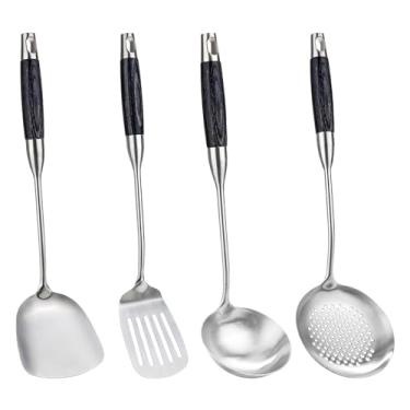 Imagem de FJNATINH Conjunto de 4 espátulas Wok, espátula, concha de sopa, colher com fenda para utensílios de cozinha com cabo de madeira, espátulas de aço inoxidável para cozinha