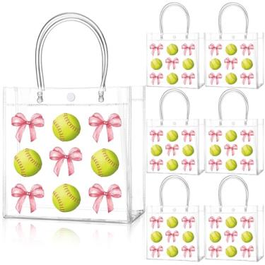 Imagem de Teenyyou Bolsa de presente transparente de softball, 24 peças, com alças, bola macia de plástico, tema esportivo, lembrancinha de festa, com laço rosa para lanche de aniversário, 20 x 20 x 8 cm