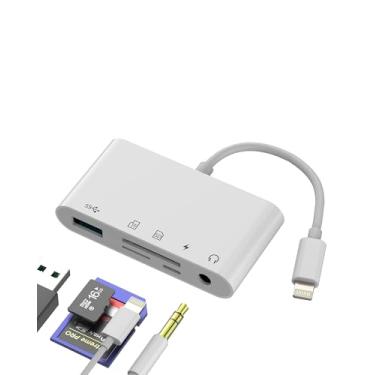 Imagem de Kefiany Adaptador Lightning para USB Leitor de cartão SD (5 em 1) divisor de conector de fone de ouvido de 3,5 mm, memória micro SD TF para iPhone 14 13 Pro, conversor de cabo de transferência de
