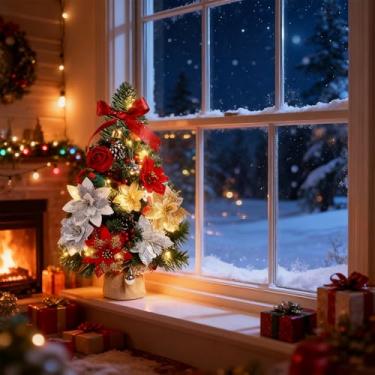 Imagem de Árvore de Natal de mesa com luzes, árvore de Natal artificial de mesa pequena pré-iluminada de 50 cm com base de serapilheira, poinsétia, enfeites de pinha de frutas vermelhas, decoração de mesa DIY