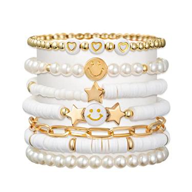 Imagem de LieToi Conjunto de pulseiras Preppy Heishi coloridas ouro branco sorriso, coração, estrela, olho turco, contas de argila de polímero, amuleto empilhável, Y2K, Kidcore, verão, praia, boêmio, pulseiras