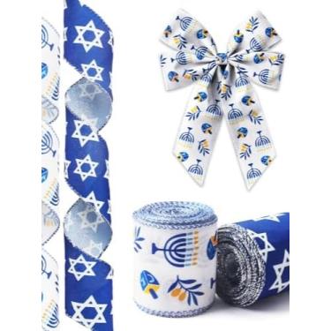 Imagem de 2 rolos de fita de Hanukkah para presentes de embrulho de grinalda, chanucá azul branco e azul, estrela de Davi, Menorá para embrulho de presente, decoração de festa, artesanato, 6,3 cm x 10 metros