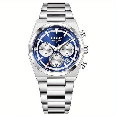 Imagem de Relógio Esportivo Masculino Quartzo Multifuncional Sofisticado Em Aço Inoxidavél 3atm Azul Prateado