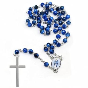Imagem de Colar de rosário de contas azuis, contas de oração católica com 0,24 contas impressas e cruz, colar longo de 20,5, presente de batismo ideal para devoção e uso diário