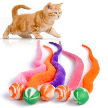 Imagem de LE TOOTER Bola saltitante com rabo, 5 pacotes de minhoca mágica com bola grande colorida para gatos, bolas saltitantes felpudas, brinquedo para gatos