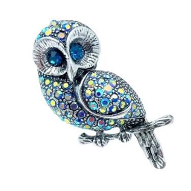Imagem de Elegante broche de coruja empoleirada azul vívido strass para mulheres, design de cristal incrustado vintage broche de coruja insetos esmaltados acessórios para chapéu de lapela terno