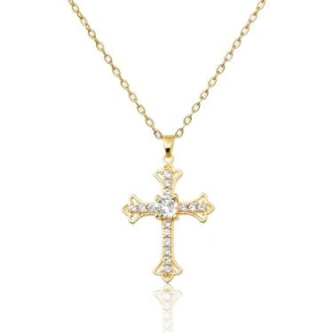 Imagem de Colar feminino delicado banhado a ouro 14 k com pingente de cruz de diamante não manchado moderno Dia de Ação de Graças Cristão Fé Religiosa Joias Presentes, Latão, Zircônia cúbica