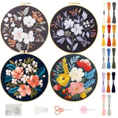 Imagem de FREEBLOSS Conjunto de 4 kits de bordado para iniciantes, kit de bordado estampado com padrões de flores, instruções, fios suficientes, 2 argolas, 29,5 cm/11,6 pol