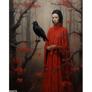 Imagem de WUIVCTR Kit de pintura a óleo faça você mesmo pintar por números para adultos, mulher e corvo na floresta, kit de presente de pintura a óleo faça você mesmo para decoração de casa ou véspera de Natal