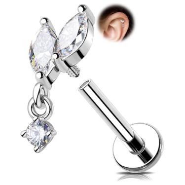 Imagem de Melighting Joia de piercing Tragus de videira 16G, pino de hélice pendurado internamente, brinco de cartilagem de aço inoxidável 316L transparente zircônia cúbica, anel de lóbulo de prata labret de 6