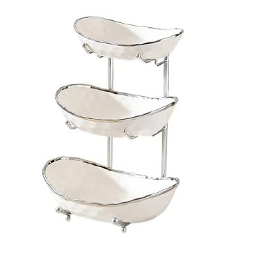 Imagem de jessie Tigela de frutas de 3 camadas para balcão de cozinha, tigela de cerâmica com suporte de metal, cesta de frutas de 3 camadas para pão de legumes, doces, salgadinhos, nozes e sobremesa (tigela