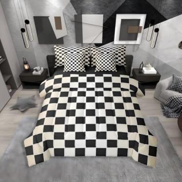 Imagem de Erosebridal Jogo de cama queen xadrez preto em uma bolsa, 7 peças, bege, cinza, branco, ombré, com lençol de búfalo, xadrez, para crianças e adultos, conjunto de cama de guingão estético