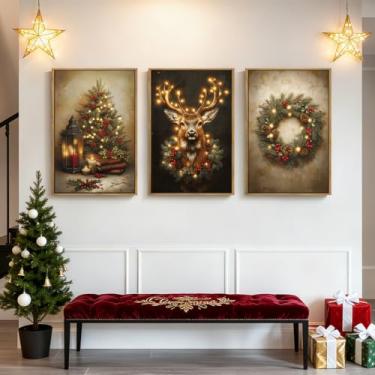Imagem de Anyzal Arte de parede de Natal grande impressões de árvore de Natal de inverno decoração de parede de alce de Papai Noel para sala de estar quarto sala de jantar 61 x 91 cm