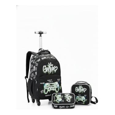 Imagem de Mochila Escolar Juvenil com Rodas 360°, Kit 3 Peças, Estampa Game, Mochila de Rodinhas com Alça Telescópica, Lancheira e Estojo