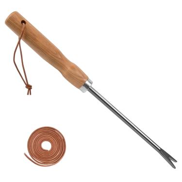 Imagem de Ferramenta extrator de ervas daninhas com cabo de madeira 11,8 polegadas de aço inoxidável polido ferramenta de remoção de ervas daninhas acessório de remoção de ervas daninhas para cuidados com