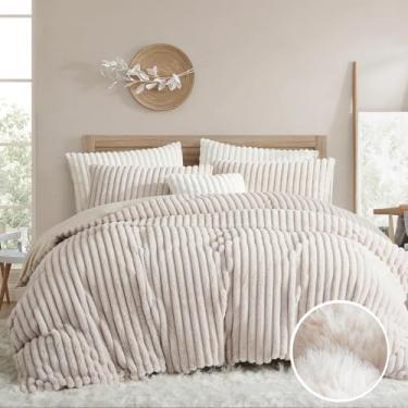 Imagem de CCoutueChen Jogo de cama Queen macio de pele sintética macia, 3 peças, roupa de cama de flanela de veludo bege para todas as estações, 1 edredom felpudo felpudo com 2 fronhas