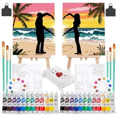 Imagem de Cularve Kit de pintura para casais 25 x 30 cm com cavaletes para encontros noturnos, kit de pintura em tela pré-desenhada e sorvete para adultos, perfeito para encontros noturnos românticos e festas