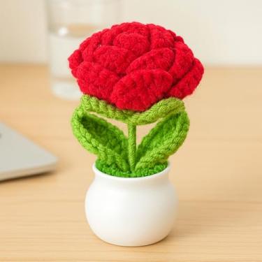 Imagem de Vaso de plantas de crochê, mini decoração de malha para casa/escritório/presentes, decoração de mesa ecológica, rosa vermelha