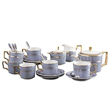 Imagem de Conjunto de 15 peças de chá de porcelana conjunto de xícaras de café e pires conjunto de xícaras de café serviço de chá bule de chá com listras azuis, açucareiro, jarra de creme