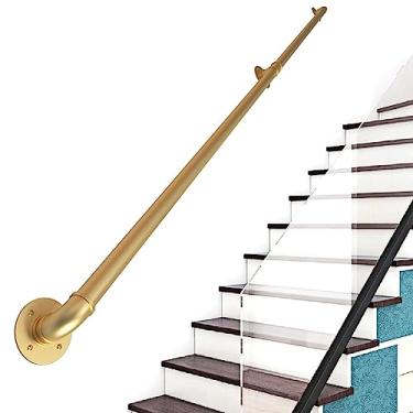 Imagem de Corrimão de escada - kit completo, corrimão de tubo dourado industrial de escada com suporte de parede, casa contra a parede, grades internas e externas para idosos (tamanho: 5,2 m)