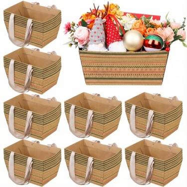 Imagem de Pinkunn 48 peças de cesta de Natal para presentes vazios, cestas vazias com alça, bandeja de papelão Kraft Market para embrulho de presente de Natal (meia de Natal, 25 x 16,5 x 11 cm)