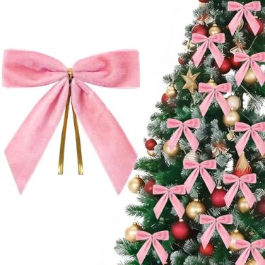 Imagem de Laços de fita de veludo rosa, 24 peças, enfeites de árvore de Natal, laços de veludo de 9 x 9 cm para decorações de árvore de Natal, enfeites de fita de Natal para árvore de casa, guirlanda de porta