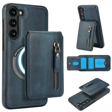 Imagem de Carteira destacável compatível com carregamento sem fio Magsafe para Samsung Galaxy S23 FE capa com suporte para cartão, bolso com zíper, suporte 2 em 1 à prova de choque (azul)