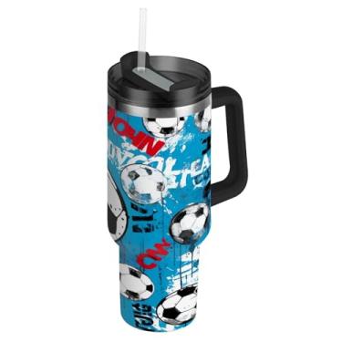 Imagem de Blueangle Copo de futebol azul de 1,134 g com alça e tampa de palha, caneca de viagem de aço inoxidável isolada a vácuo de parede dupla, garrafa de água reutilizável para academia de escritório ao ar