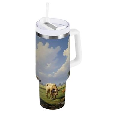 Imagem de xigua Copo Highland Cow de 850 g com tampa e canudo, aço inoxidável de vácuo duplo isolado garrafa de água esportiva suporte para copo de café de viagem à prova de vazamento para bebida gelada