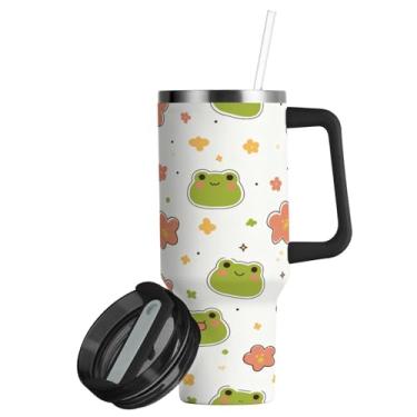 Imagem de ATTX Copo padrão de sapo Kawaii de 850 g com alça, copo de aço inoxidável a vácuo de parede dupla com palha, caneca de café de viagem isolada #120