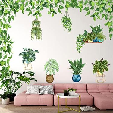 Imagem de WOHAHA Adesivos de parede de folha verde em vaso para sala de estar pendurados orquídea grama videira decalques de parede descascar e colar decorações de parede para quarto entrada sofá TV fundo