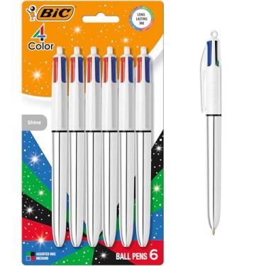 Imagem de BIC Caneta esferográfica retrátil de 4 cores com ponta média de 1,0 mm e cilindro prateado metálico, 6 unidades em tinta sortida