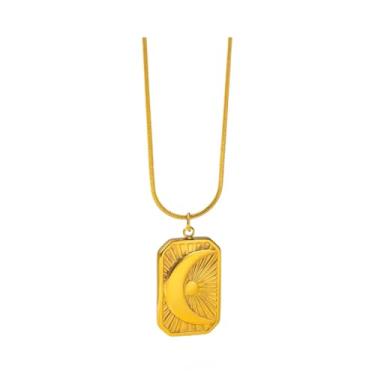 Imagem de Colar com pingente de lua celestial, aço inoxidável banhado a ouro 18 K com design crescente Art Déco, medalhão retangular de inspiração vintage, resistente a manchas, corrente de cordão suave