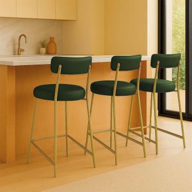 Imagem de Banqueta Cozinha Alta Com Encosto Industrial Dourado Kit 3 Londres Pu Verde D03 - D'rossi