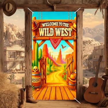 Imagem de BlissYard Placa de boas-vindas de capa de porta do oeste selvagem 188 x 89 cm arco desfiladeiro do deserto paisagem com cacto e caveira tema ocidental decorações de festa pano de fundo rústico faixa