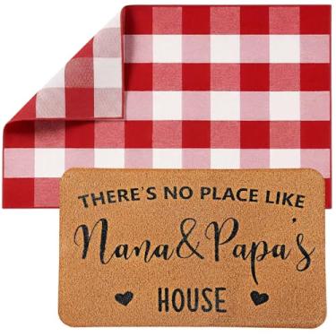 Imagem de Nuanchu Conjunto de 2 peças de capacho de Natal para avó avó, papai, vermelho e branco, búfalo, xadrez, com tapete de coco sintético, tapete de entrada para porta de entrada, decoração de Natal e ano
