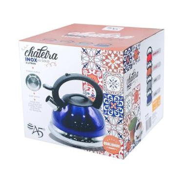 Imagem de Chaleira em Inox com Apito Azul – Fundo Duplo para Indução | 2,5L | Cabo Antitérmico | Fervedor para Chá e Café