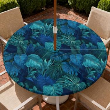 Imagem de COTAIL Toalha de mesa redonda para uso ao ar livre com zíper e orifício para guarda-chuva, toalha de mesa elástica à prova d'água a óleo para pátio, piquenique, acampamento, jardim, serve para mesa