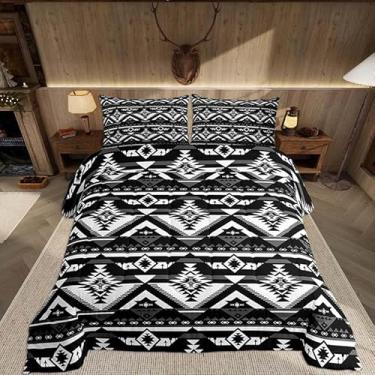 Imagem de Feelyou Conjunto de edredom ocidental para todas as estações, asteca do sudoeste, com 2 fronhas, geométrico, vintage, Queen, boêmio, tribal, decoração de quarto, edredom preto e branco