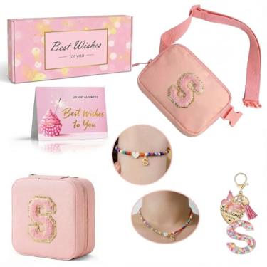 Imagem de Tindisonka Conjunto de pochete rosa com letra S para meninas – Bolsa tiracolo 2 em 1 com caixa de joias, colar, pulseira e chaveiro, presente personalizado fofo para idades de 8 a 12 anos
