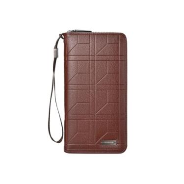 Imagem de Carteira masculina macia portátil PU grande capacidade padrão geométrico carteira masculina, Marrom claro, Clássico