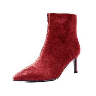Imagem de ONEENO Botas femininas clássicas de camurça com bico fino e cano curto, Vermelho, 34