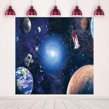Imagem de Fundo fotográfico de astronauta espacial, 1,8 x 1,8 m, galáxia cósmica, planeta, foguete, presente para recém-nascidos, festa de aniversário, chá de bebê, faixa fotográfica, estúdio fotográfico