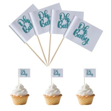 Imagem de TMHTMH 100 peças de topo de bolo verde Oh Baby, mini palito de chá de bebê, bandeiras para crianças, meninos, meninas, festa de aniversário, decoração temática de bolo