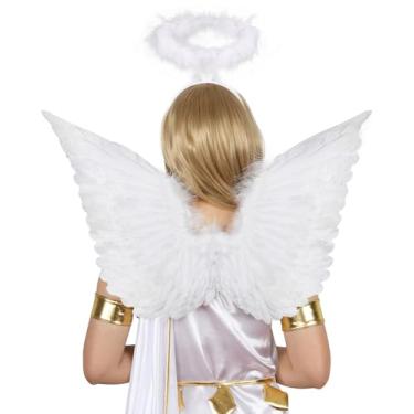 Imagem de SEVADA Asas de anjo pretas e auréola para mulheres adultas, penas caídas do diabo escuro, asas de anjo para crianças e meninas, Asa branca e auréola, 24 x 16.1 inches