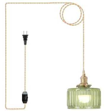 Imagem de Luminárias pendentes de vidro retrô, luminária suspensa plugue, luminária pendente vintage com abajur de vidro verde para cozinha, ilha, quarto, sala de jantar, sala de estar, cabeceira - diâmetro 17