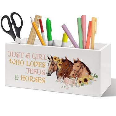 Imagem de ANIANG Organizador de canetas de cavalo de Jesus Cristão, presentes para amantes de cavalos, decoração de mesa cristã, porta-lápis de madeira para quarto de meninas, escritório, acessórios de mesa