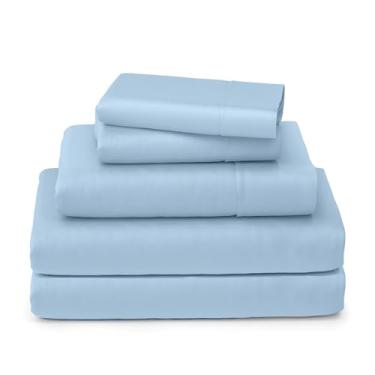 Imagem de SKY BEDDINGS Lençóis 100% algodão – 400 fios de cetim trançado, 5 peças Queen divididas para cama ajustável com bolsos profundos de 38 cm, lençóis de algodão respirável divididos Queen - azul claro