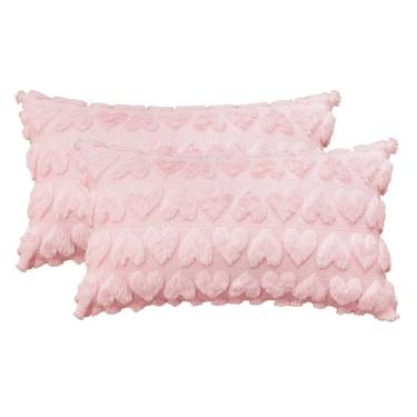 Imagem de AVOIN colorlife Conjunto de 2 capas de almofada de coração amor dia dos namorados, 30,5 x 50,8 cm rosa pelúcia sintética jacquard aniversário capa de almofada decoração para sofá sofá
