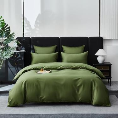 Imagem de YASMENG Conjunto de capa de edredom de cetim 100% algodão de fibra longa, verde escuro, tamanho Queen, 3 peças, luxuoso, 600 fios, algodão puro, orgânico, durável, qualidade hoteleira, macio, sedoso